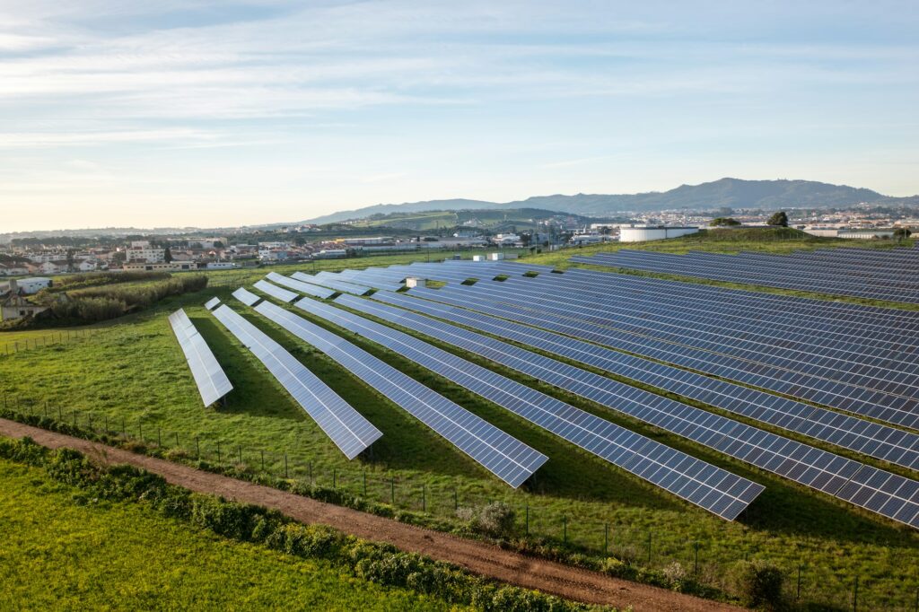 Solar panels line grassy field under a clear blue sky portugal