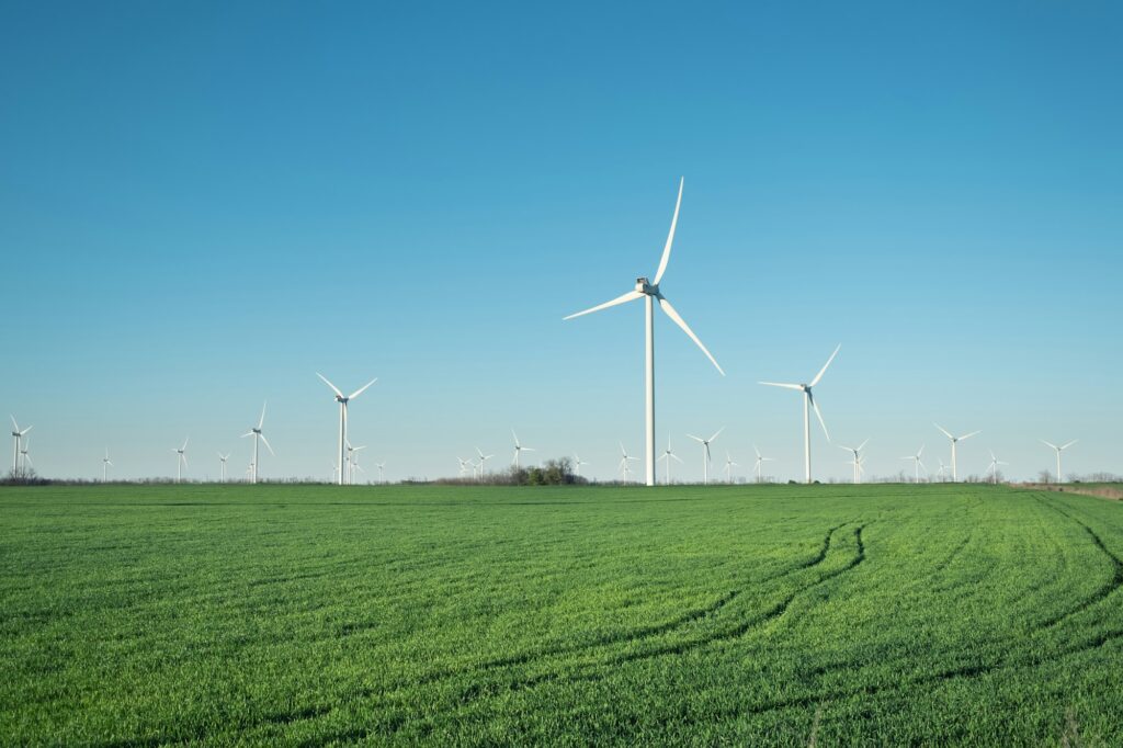 Windpower station on the field. Industry and technology